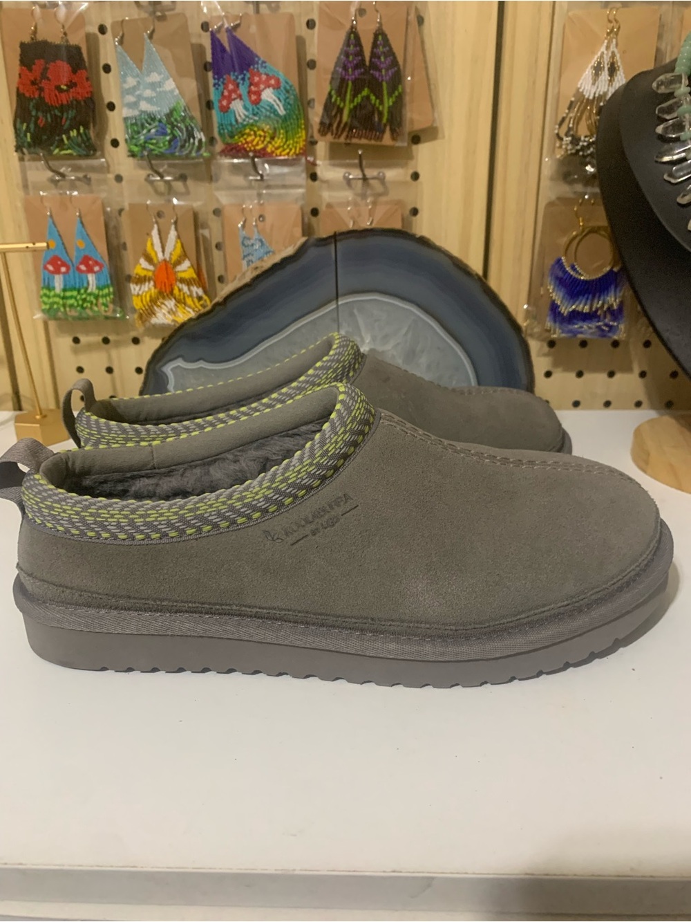 Koolaburra Gray Suede Slip-On Slippers with Yellow-Green Trim